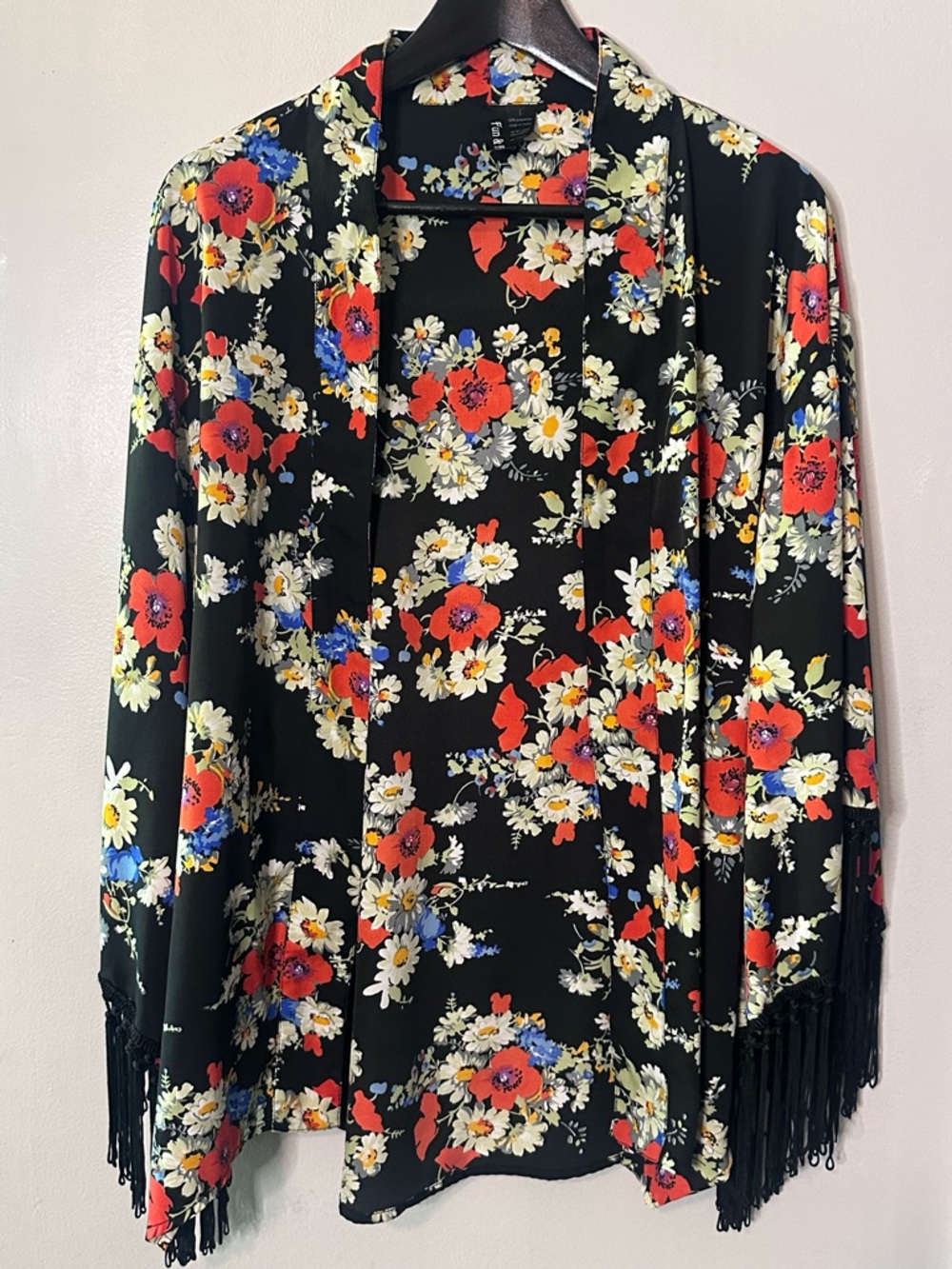 Black Floral Fringe Kimono / Ruana, Large